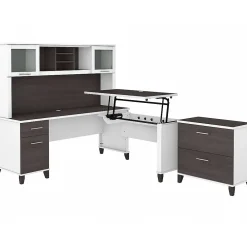 L-Desks*Bush Furniture Somerset 72"W 3 Position Sit to Stand L Shaped Desk with Hutch and File Cabinet, (SET016SGWH) Storm Gray/White