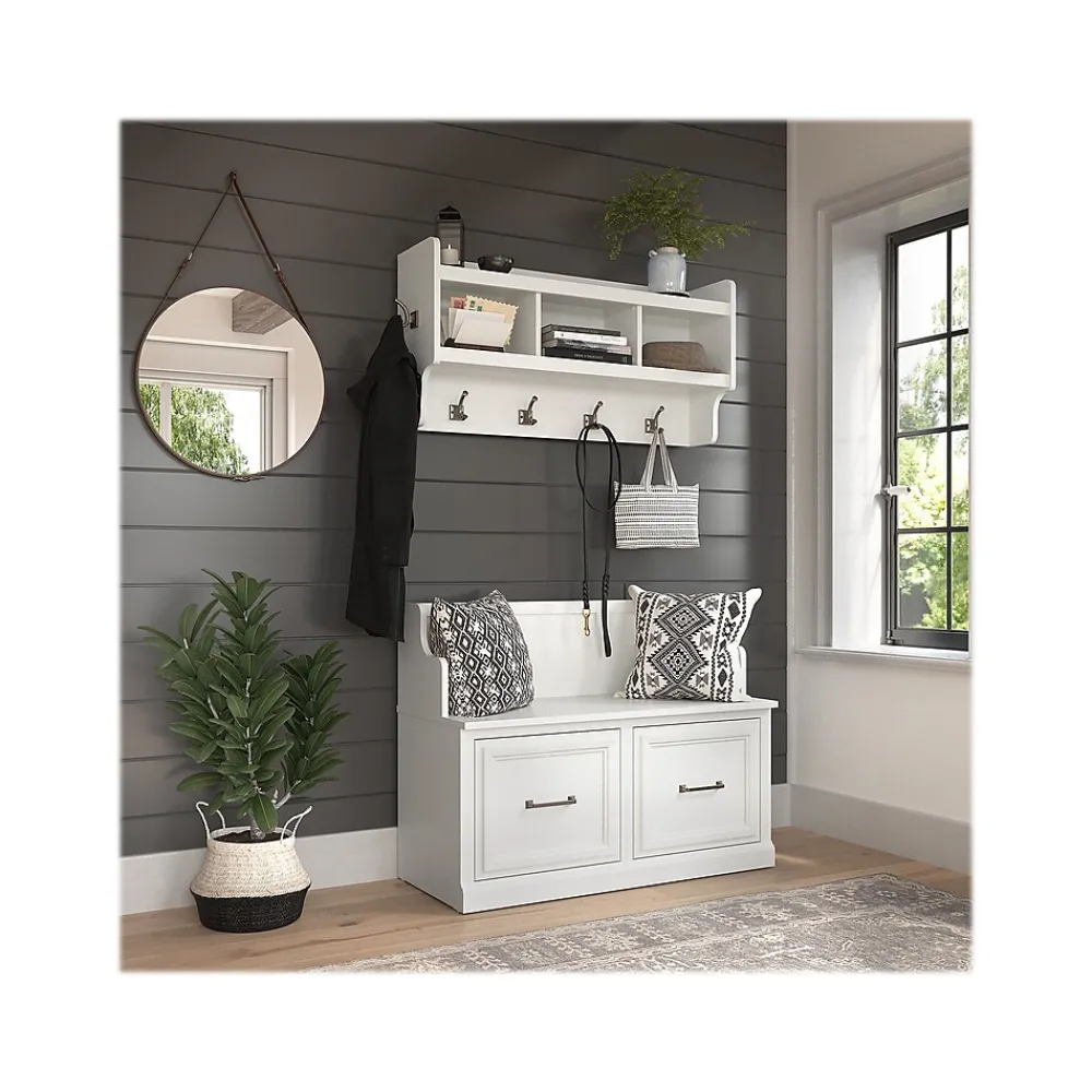 Storage Cabinets*Bush Furniture Woodland 40W Entryway Bench with Doors and Wall Mounted Coat Rack, White Ash (WDL009WAS)