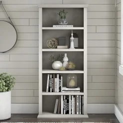 Bookcases*Bush Furniture Yorktown 67"H 5-Shelf Bookcase with Adjustable Shelves, Linen White Oak Laminated Wood (WC40466-03)
