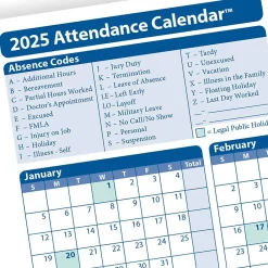Hr Forms*ComplyRight 2025 Attendance Calendar Card, 50 Forms/Pack (A4000W50)