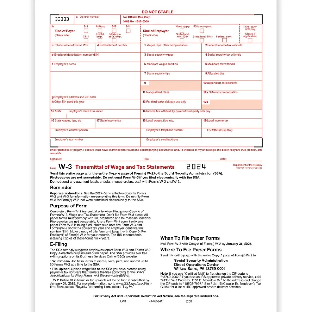 Tax Forms*ComplyRight 2024 W-3 Tax Form, 1-Part, Transmittal, 25/Pack (520025)