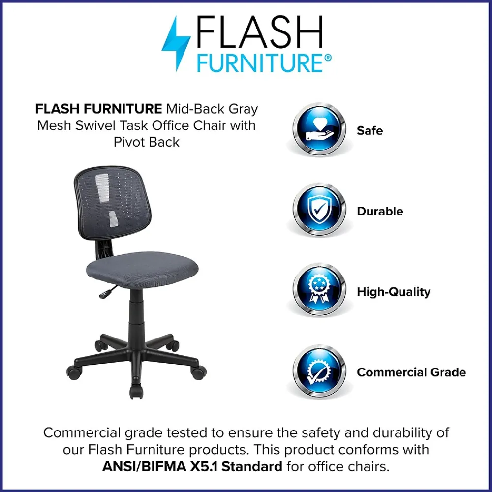 Office Chairs*Flash Furniture Flash Fundamentals Armless Ergonomic Mesh Swivel Mid-Back Task Office Chair, Gray (LF134GY)