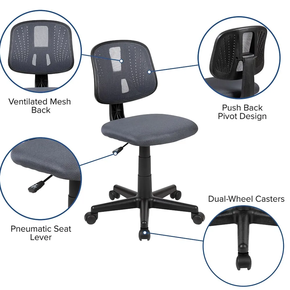 Office Chairs*Flash Furniture Flash Fundamentals Armless Ergonomic Mesh Swivel Mid-Back Task Office Chair, Gray (LF134GY)
