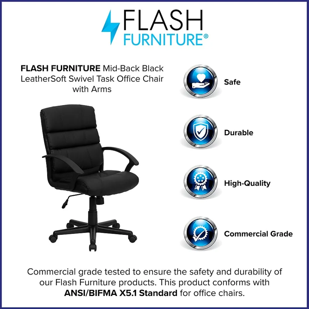 Office Chairs*Flash Furniture Lane LeatherSoft Swivel Mid-Back Task Office Chair, Black (GO1004BKLEA)