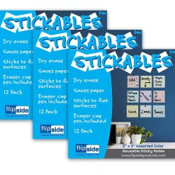 Dry Erase*Flipside Products Dry Erase Stickables with Dry Erase Marker, Assorted Pastel Colors, 3" x 3", 12 Per Pack, 3 Packs (FLP94433-3)