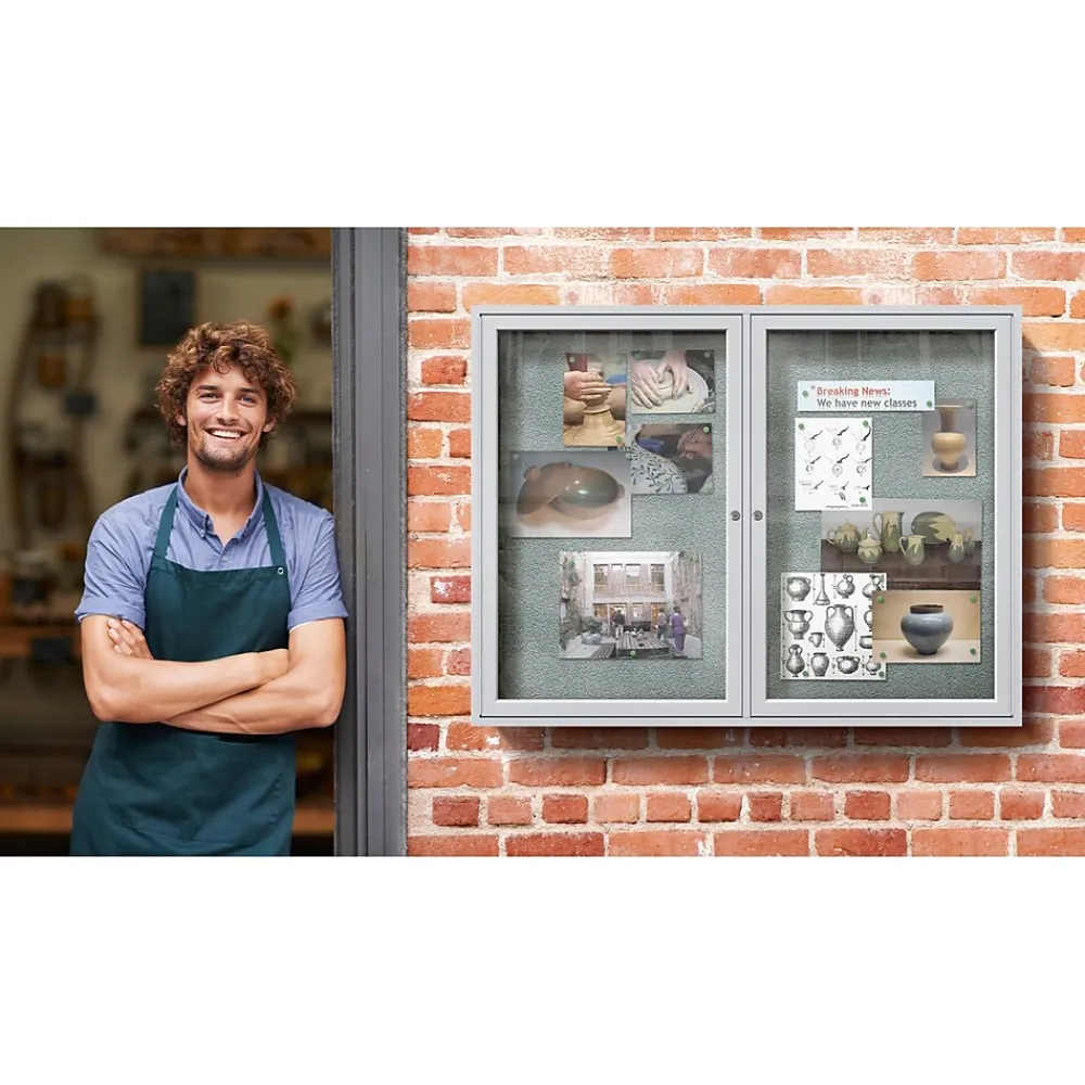 Bulletin*Ghent 3' H x 5' W Enclosed Vinyl Bulletin Board with Satin Frame, 2 Door, Silver (PA23660VX-193)