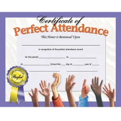 Awards & Certificates*Hayes Publishing Certificate of Perfect Attendance, 30 Per Pack, 3 Packs (H-VA613-3)