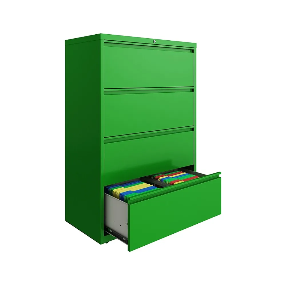 File Cabinets*Hirsh HL10000 Series 4-Drawer Lateral File Cabinet, Locking, Letter/Legal, Screaming Green, 36" (24256)