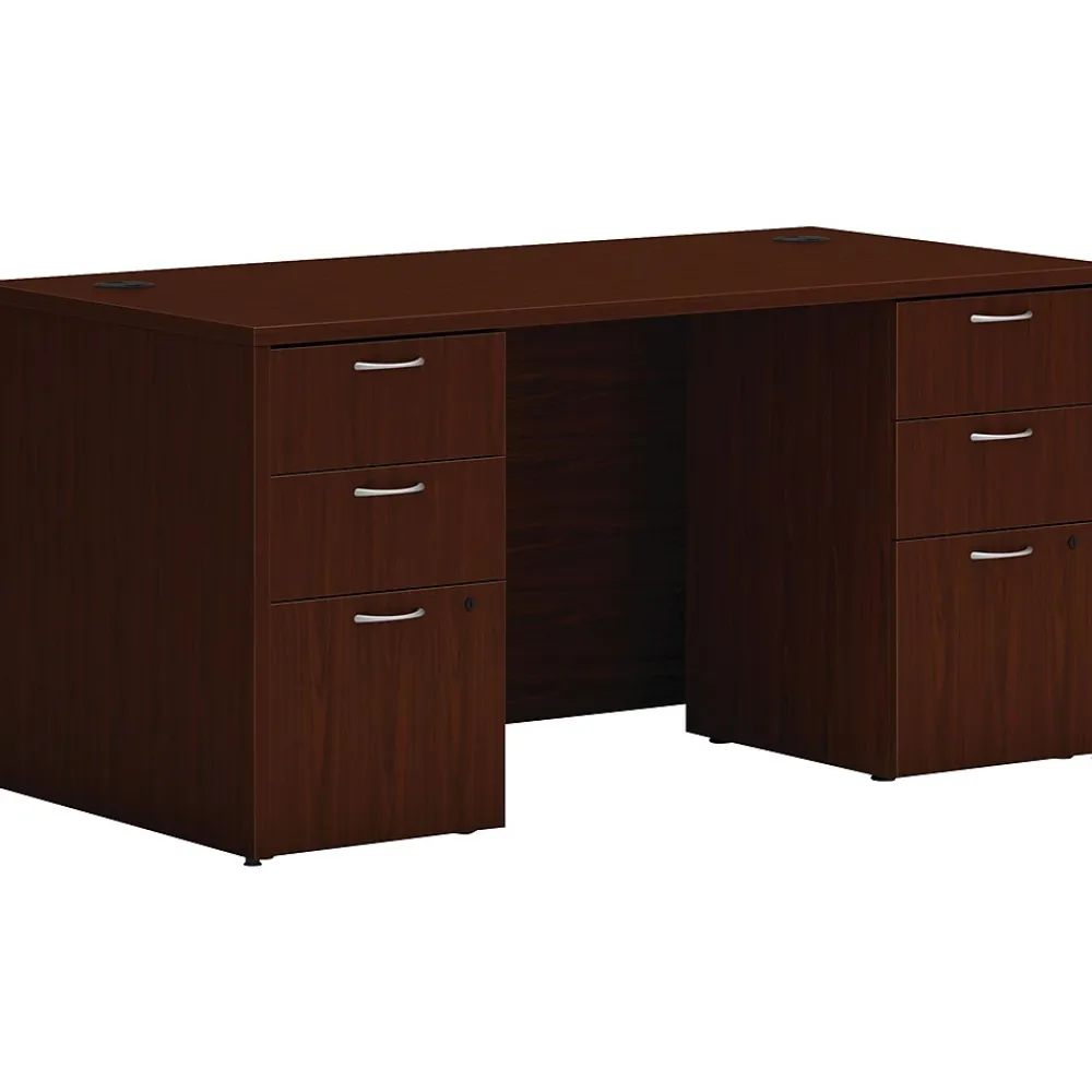 Computer Desks*HON Mod 60"W Double-Pedestal Desk, (HLPLDS6030BBFTM1) Traditional Mahogany