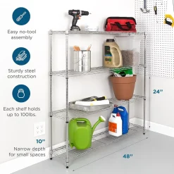Shelving*Honey-Can-Do 4-Tier Slim Profile Wide Shelving Unit, 48" x 10" x 48", Chrome (SHF-10023)