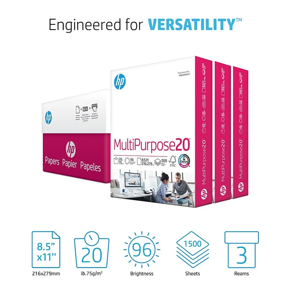 Large Quantity Paper*HP 8.5" x 11" Multipurpose Paper, 20 lbs., 96 Brightness, 1500 Sheets/Carton (112530)