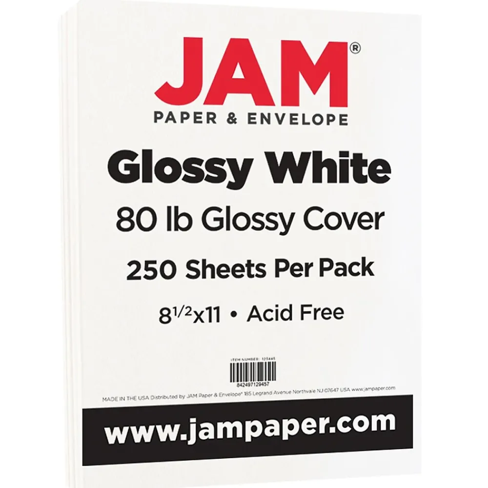 Card Stock*JAM Paper 80 lb. Cardstock Paper, 8.5" x 11", White Glossy, 250 Sheets/Pack (1034702)