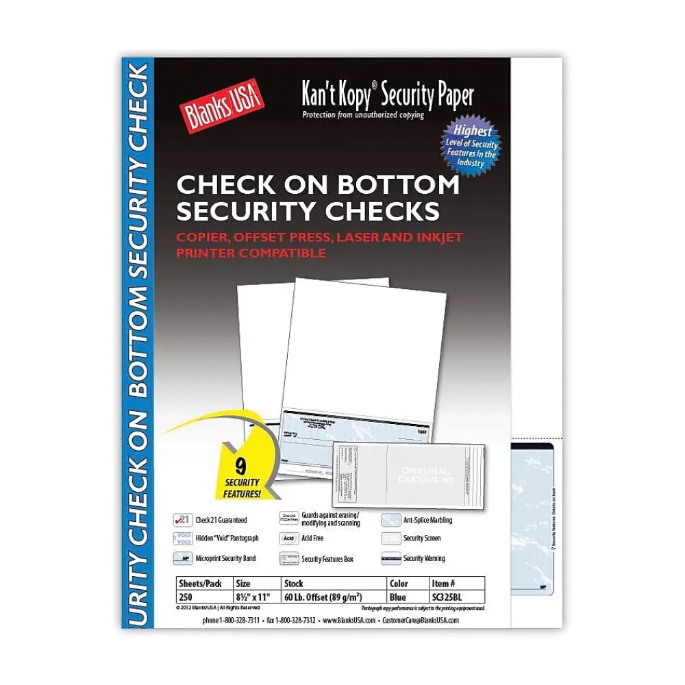 Security & Carbon*Kan't Kopy ® Blank/USA® 8 1/2" x 11" 60 lbs. Security Check on Bottom Paper, Void Blue, 250/Pack
