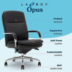 Office Chairs*La-Z-Boy Opus Ergonomic Bonded Leather Swivel Executive Chair, Black and Chrome (CCHR10015D)