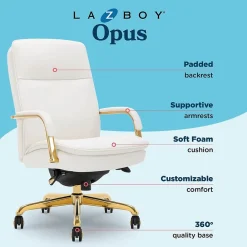 Office Chairs*La-Z-Boy Opus Ergonomic Bonded Leather Swivel Executive Chair, White and Gold (CCHR10015A)