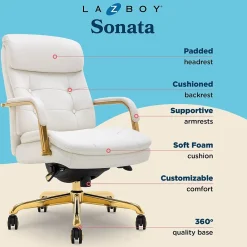 Office Chairs*La-Z-Boy Sonata Ergonomic Bonded Leather Swivel Executive Chair, White and Gold (CCHR10014A)