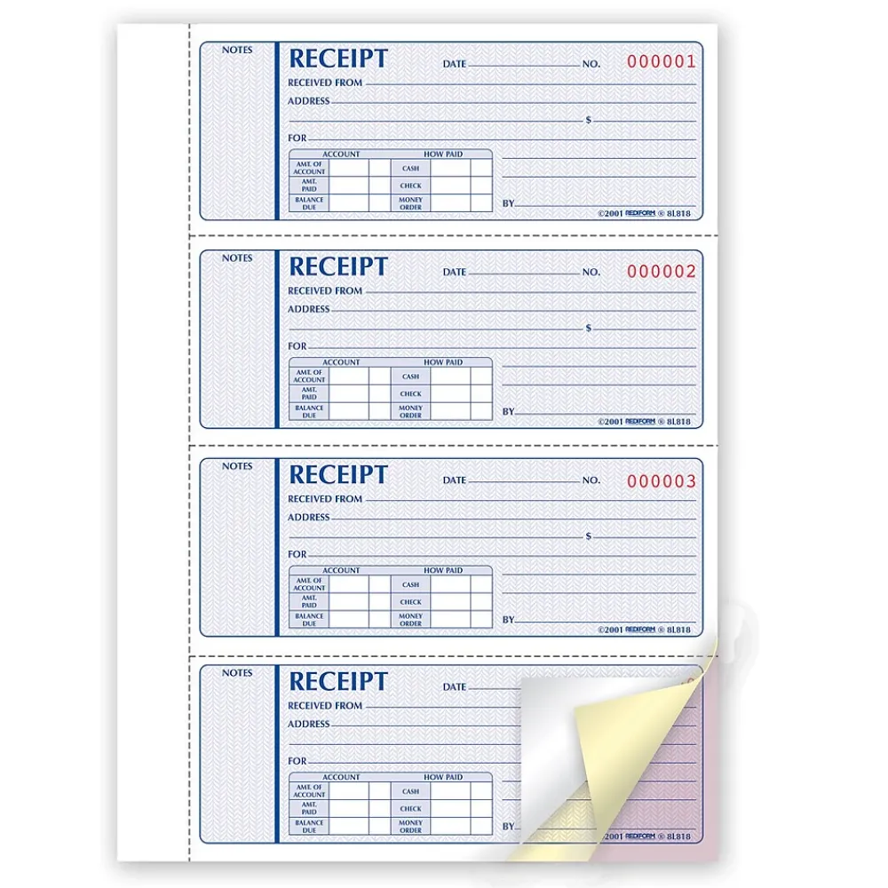 Accounting & Record Journals*Rediform Money Receipt Forms, Carbonless, 3 Part, Hard Cover, 2-3/4" x 7", 200 Sets/Book (RED8L818)