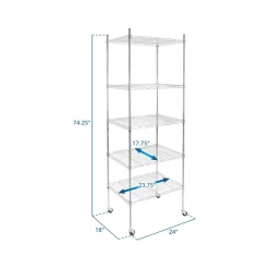 Shelving*Mount-It! 5-Tier Metal Shelving Unit with Wheels, 24", Silver (MI-7862)