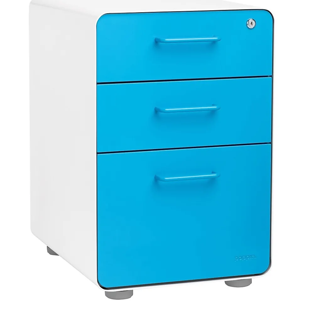 File Cabinets*Poppin Stow 3-Drawer Mobile Vertical File Cabinet, Letter/Legal Size, Lockable, 24"H x 15.75"W x 20"D, White and Blue (100429)