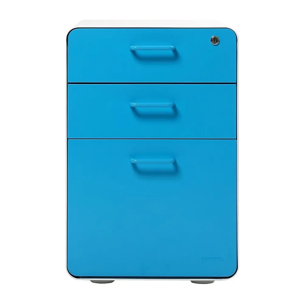 File Cabinets*Poppin Stow 3-Drawer Mobile Vertical File Cabinet, Letter/Legal Size, Lockable, 24"H x 15.75"W x 20"D, White and Blue (100429)
