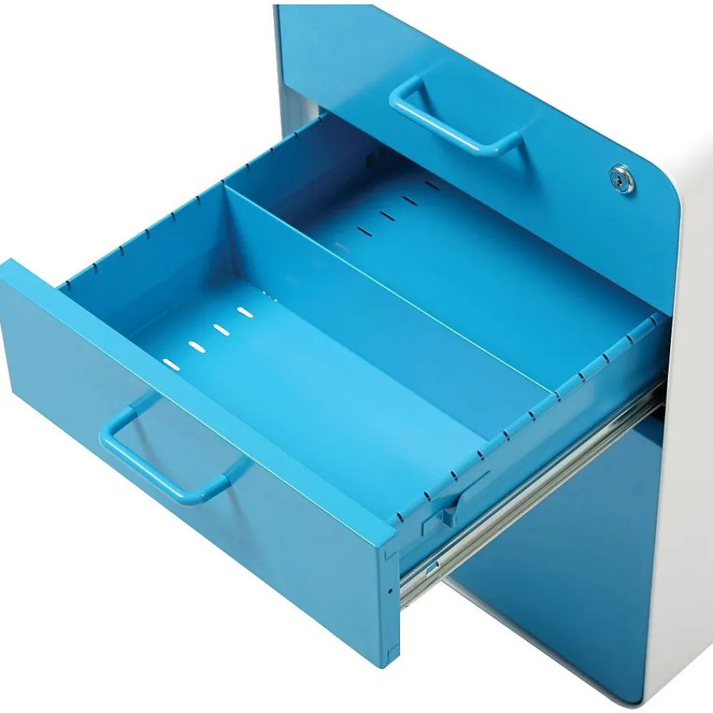 File Cabinets*Poppin Stow 3-Drawer Mobile Vertical File Cabinet, Letter/Legal Size, Lockable, 24"H x 15.75"W x 20"D, White and Blue (100429)