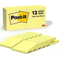 Post-It Notes*Post-it Notes, 3" x 3", Canary Collection, 100 Sheet/Pad, 12 Pads/Pack (654-12YW)