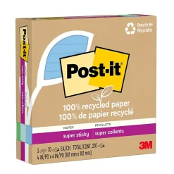 Post-It Notes*Post-it Recycled Super Sticky Notes, 4" x 4", Collection, Lined, 70 Sheet/Pad, 3 Pads/Pack (675R-3SST) Oasis