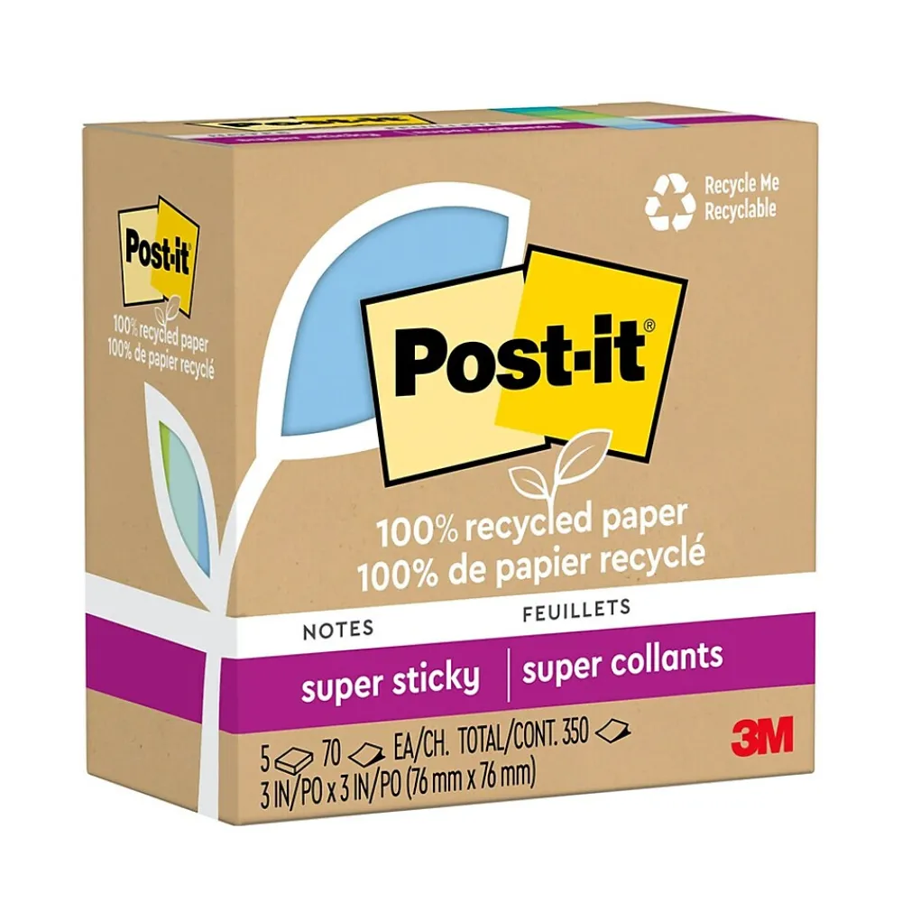 Post-It Notes*Post-it Recycled Super Sticky Notes, 3" x 3", Collection, 70 Sheet/Pad, 5 Pads/Pack (654R-5SST) Oasis