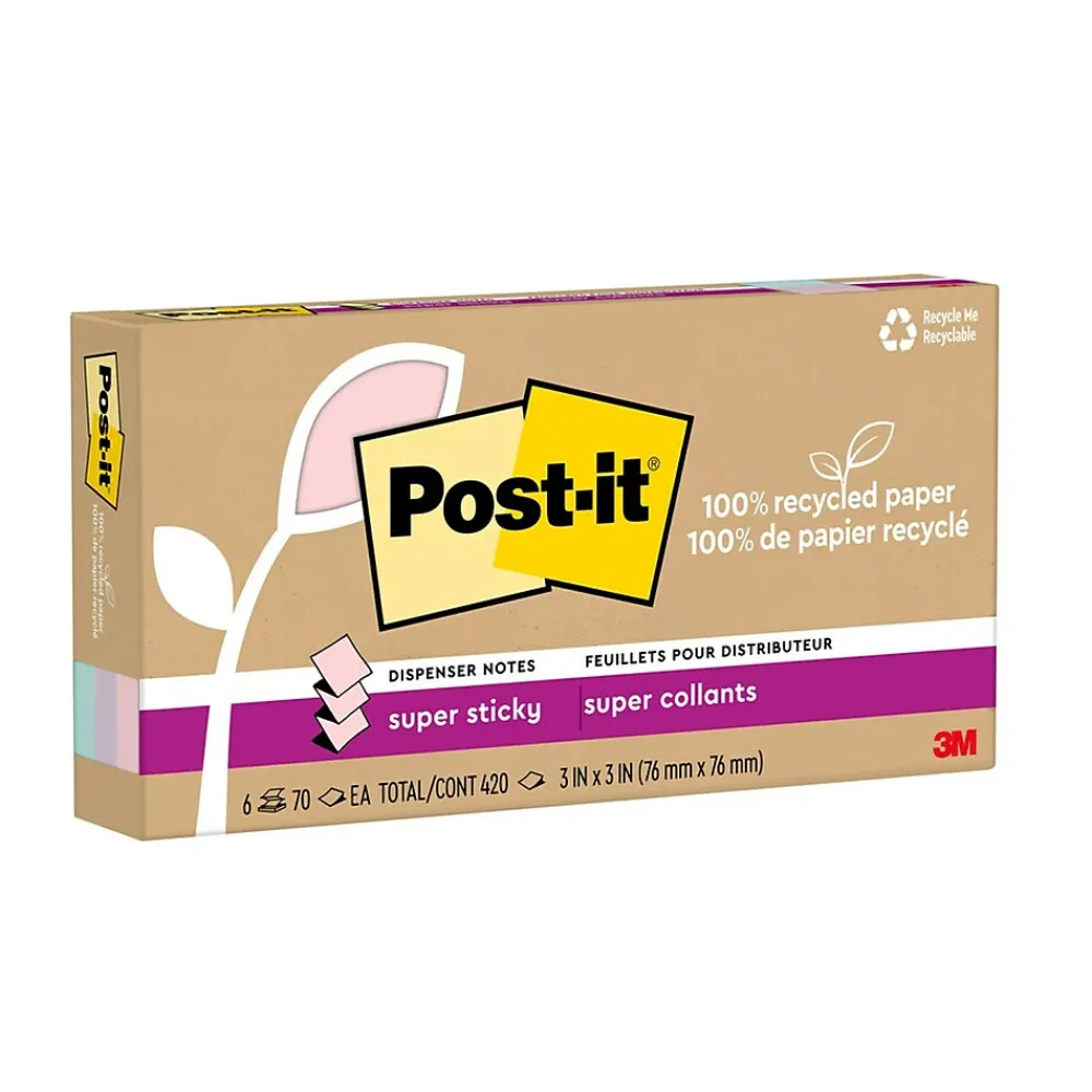 Post-It Notes*Post-it Recycled Super Sticky Pop-up Notes, 3" x 3", Collection, 70 Sheet/Pad, 6 Pads/Pack (R330R-6SSNRP) Wanderlust Pastels