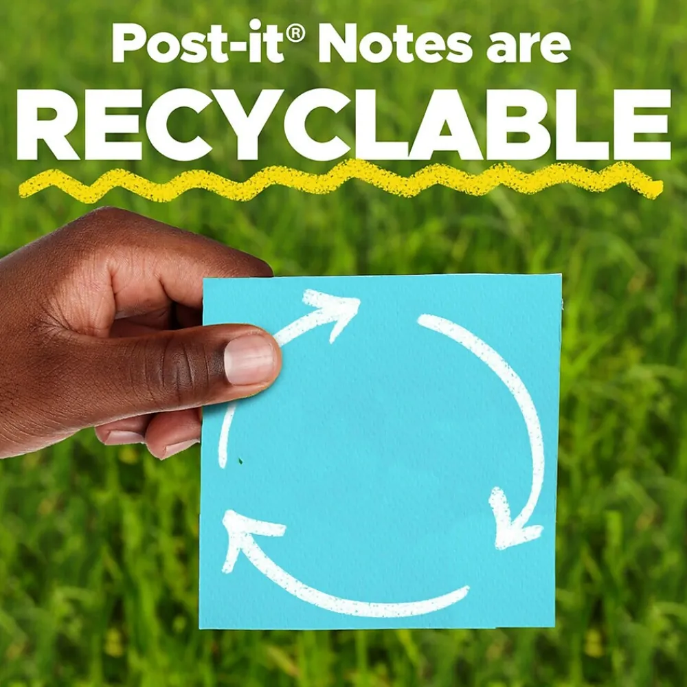 Post-It Notes*Post-it Recycled Super Sticky Notes, 4" x 4", Bora Bora Collection, Lined, 90 Sheet/Pad, 4 Pads/Pack (675-4SST)