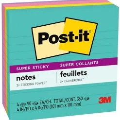 Post-It Notes*Post-it Super Sticky Notes, 4" x 4", Supernova Neons Collection, Lined, 90 Sheet/Pad, 4 Pads/Pack (675-4SSMIA)