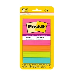 Post-It Notes*Post-it Super Sticky Notes, 4" x 4", Supernova Neons Collection, Lined, 45 Sheet/Pad, 4 Pads/Pack (4421-4SSMX)