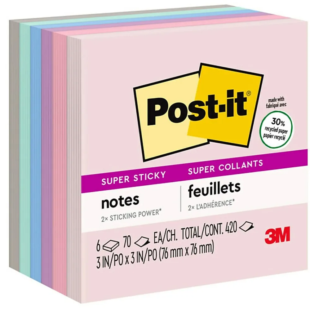 Sticky Notes*Post-it Super Sticky Notes, 3" x 3", Wanderlust Pastels Collection, 70 Sheet/Pad, 6 Pads/Pack (6546SSNRP)