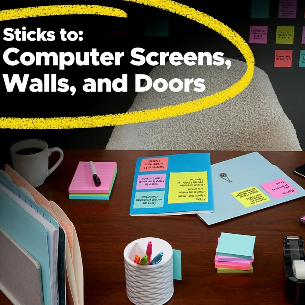 Sticky Notes*Post-it Super Sticky Notes, 3" x 3", Canary Collection, 90 Sheet/Pad, 10 Pads/Pack (654-10SSCY)