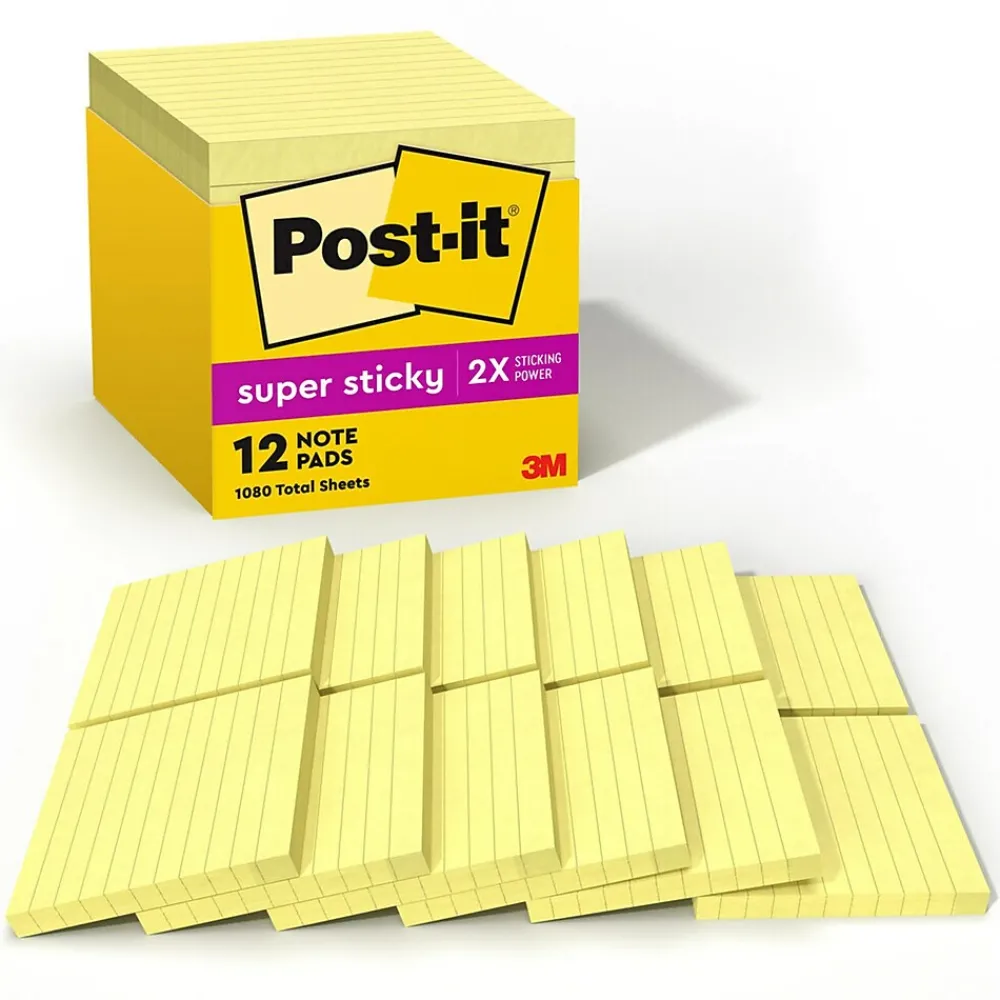 Sticky Notes*Post-it Super Sticky Notes, 4" x 4", Canary Collection, Lined, 90 Sheet/Pad, 12 Pads/Pack (675-12SSCP)