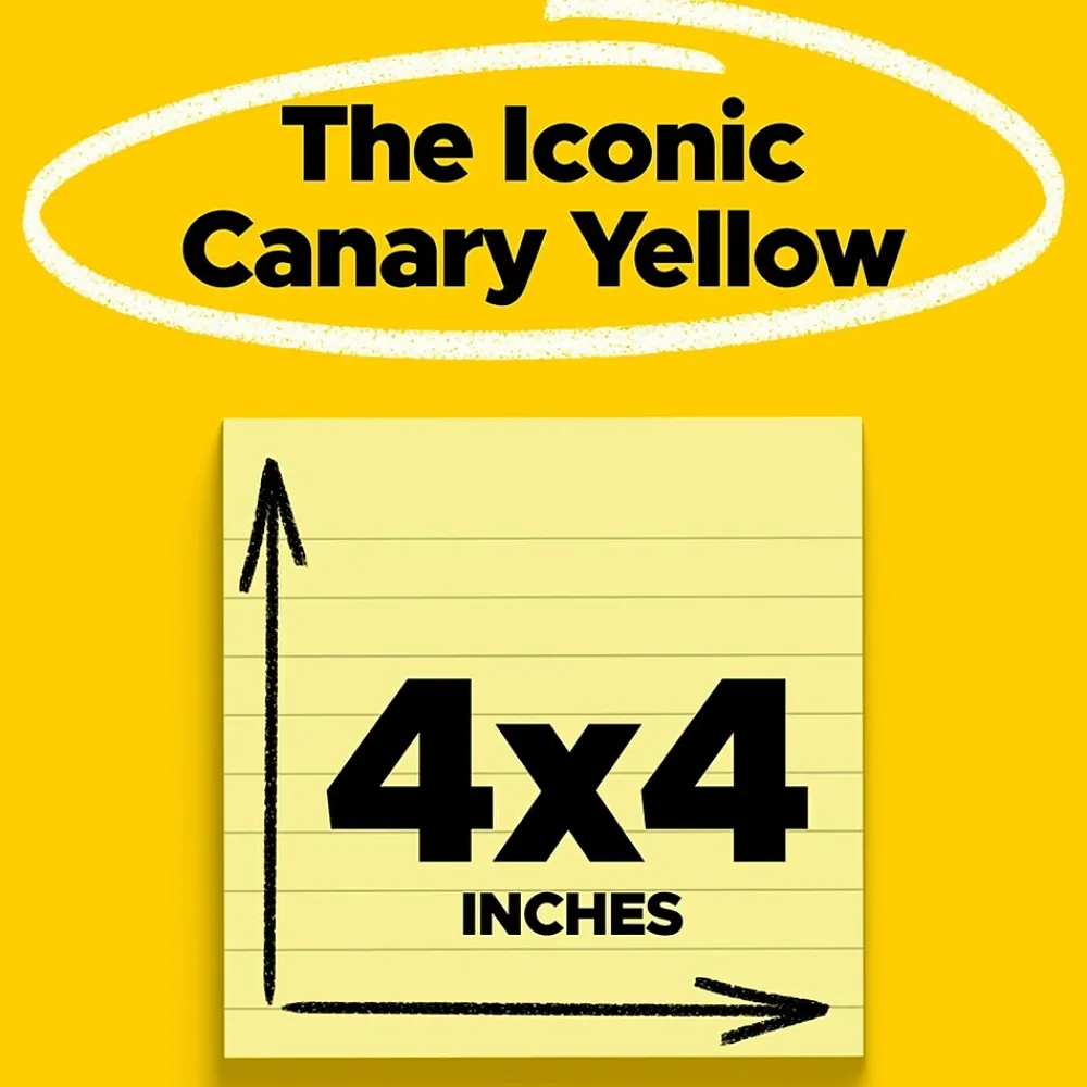 Sticky Notes*Post-it Super Sticky Notes, 4" x 4", Canary Collection, Lined, 90 Sheet/Pad, 12 Pads/Pack (675-12SSCP)