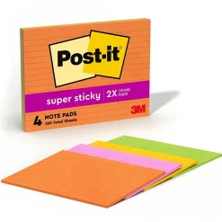 Post-It Notes*Post-it Super Sticky Notes, 8" x 6", Energy Boost Collection, Lined, 45 Sheet/Pad, 4 Pads/Pack (6845-SSPL)