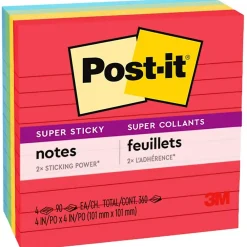 Post-It Notes*Post-it Super Sticky Notes, Playful Primaries Colors, Lined, 4 in x 4 in, 90 Sheets/Pad, 4 Pads/Pack (675-4SSAN)