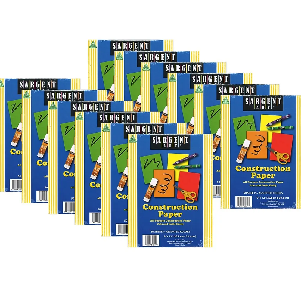 Construction Paper*Sargent Art ® Construction Paper Pack, 9" x 12", Assorted Colors, 50 Sheets Per Pack, 12 Packs (SAR234001-12)