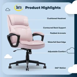 Office Chairs*Serta Comfort Classic Ergonomic Velvet Fabric Swivel Executive Chair, Pink (CCHR10005C)