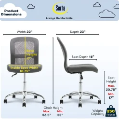 Ergonomic Chairs*Serta Essentials Armless Ergonomic Bonded Leather/Mesh Swivel Task Chair, (48740A) Gray