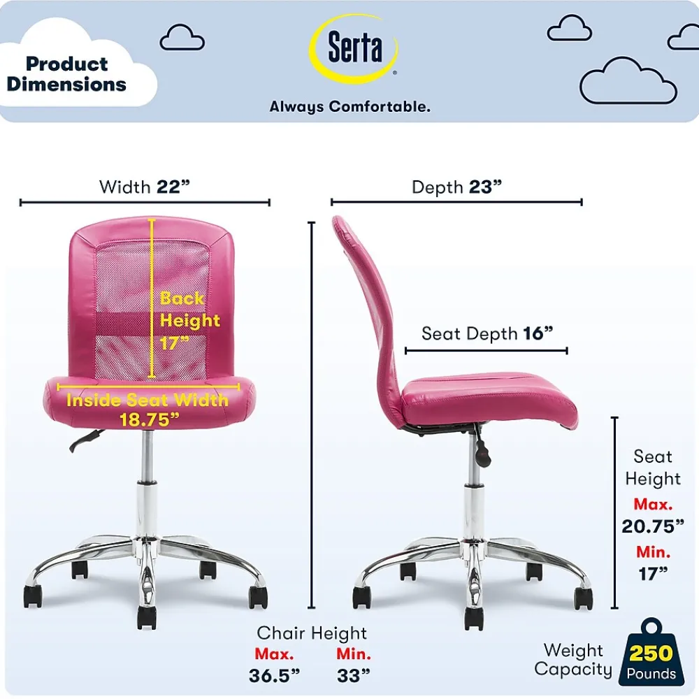 Ergonomic Chairs*Serta Essentials Armless Ergonomic Bonded Leather/Mesh Swivel Task Chair, (48740E) Pink