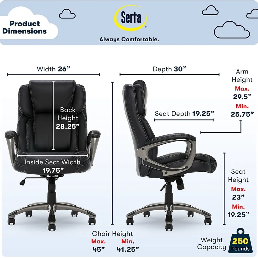 Ergonomic Chairs*Serta Garret Ergonomic Bonded Leather Swivel Executive Office Chair, (43520A) Midnight Black