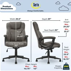 Ergonomic Chairs*Serta Hannah II Bonded Leather Executive Chair, (43672A) Gray