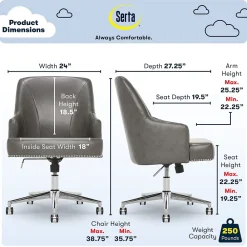 Office Chairs*Serta Style Leighton Faux Leather Swivel Home Office Chair, Gray (47925G)