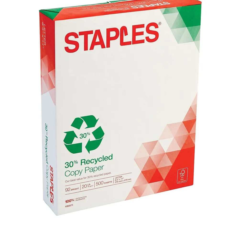 Copy Paper*Staples 30% Recycled 8.5" x 11" Copy Paper, 20 lbs., 92 Brightness, 500/Ream (112350/1542)