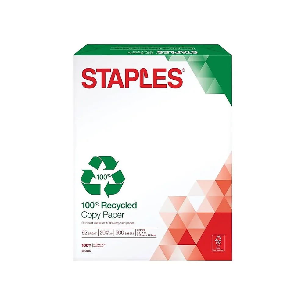 Copy Paper*Staples 100% Recycled 8.5" x 11" Copy Paper, 20 lbs., 92 Brightness, 500/Ream (620016)