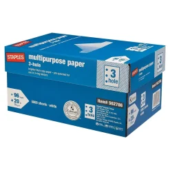 Multipurpose Paper*Staples 8.5" x 11" 3-Hole Punch Multipurpose Paper, 20 lbs., 96 Brightness, 500/Ream, 10 Reams/Carton (05030)