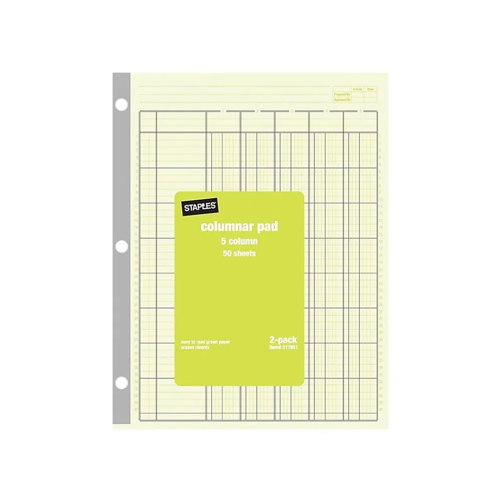 Accounting & Record Journals*Staples Columnar Books, 100 Pages, 5 Columns, Green, 2/Pack (217851ABF)