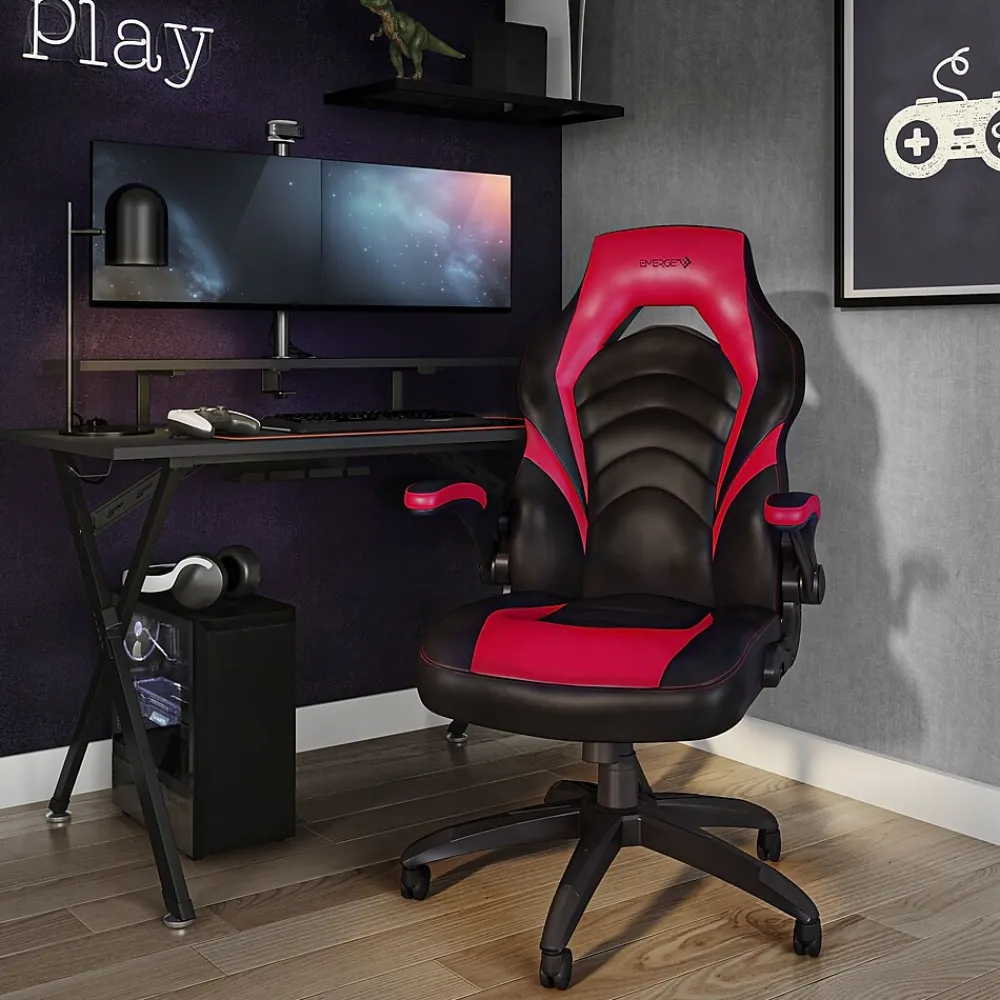 Gaming Chairs*Emerge Staples Vortex Bonded Leather Ergonomic Gaming Chair, Black and (51465-CC) Red